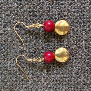 Hammered Gold and Red Dangle Earrings Autumn Fall Christmas
